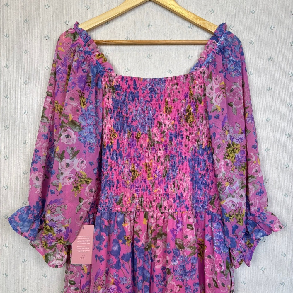 Ivy City Co Rowan Midi Dress 1X Pink Floral Smocked Tiered Cottagecore Vacation - Picture 10 of 12